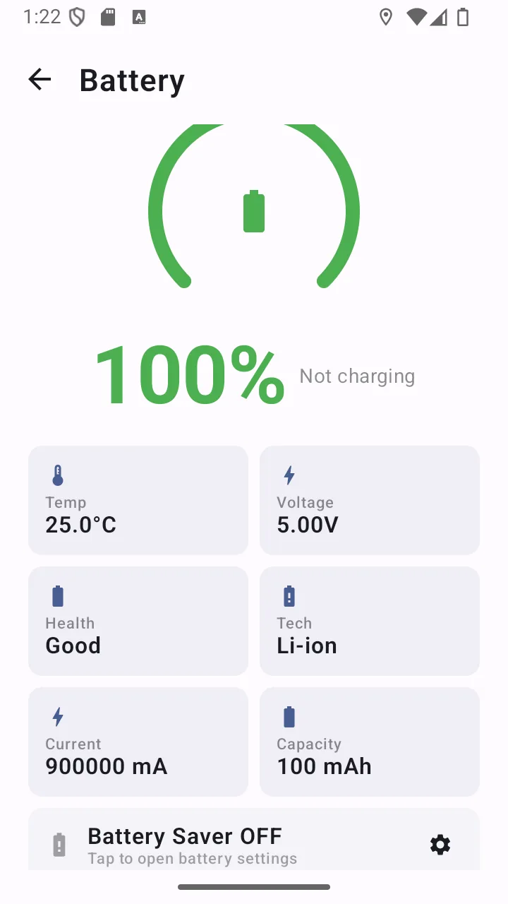 Battery screen showing charge level, temperature, voltage and health