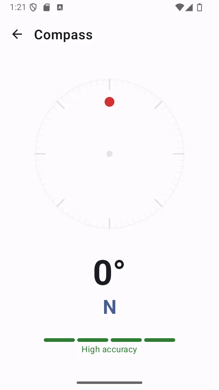 Compass screen showing a bearing dial with cardinal points