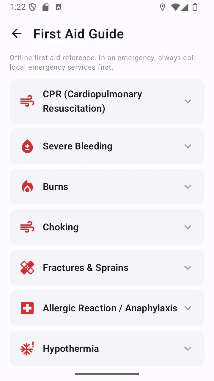 First aid screen listing emergency procedures including CPR and bleeding