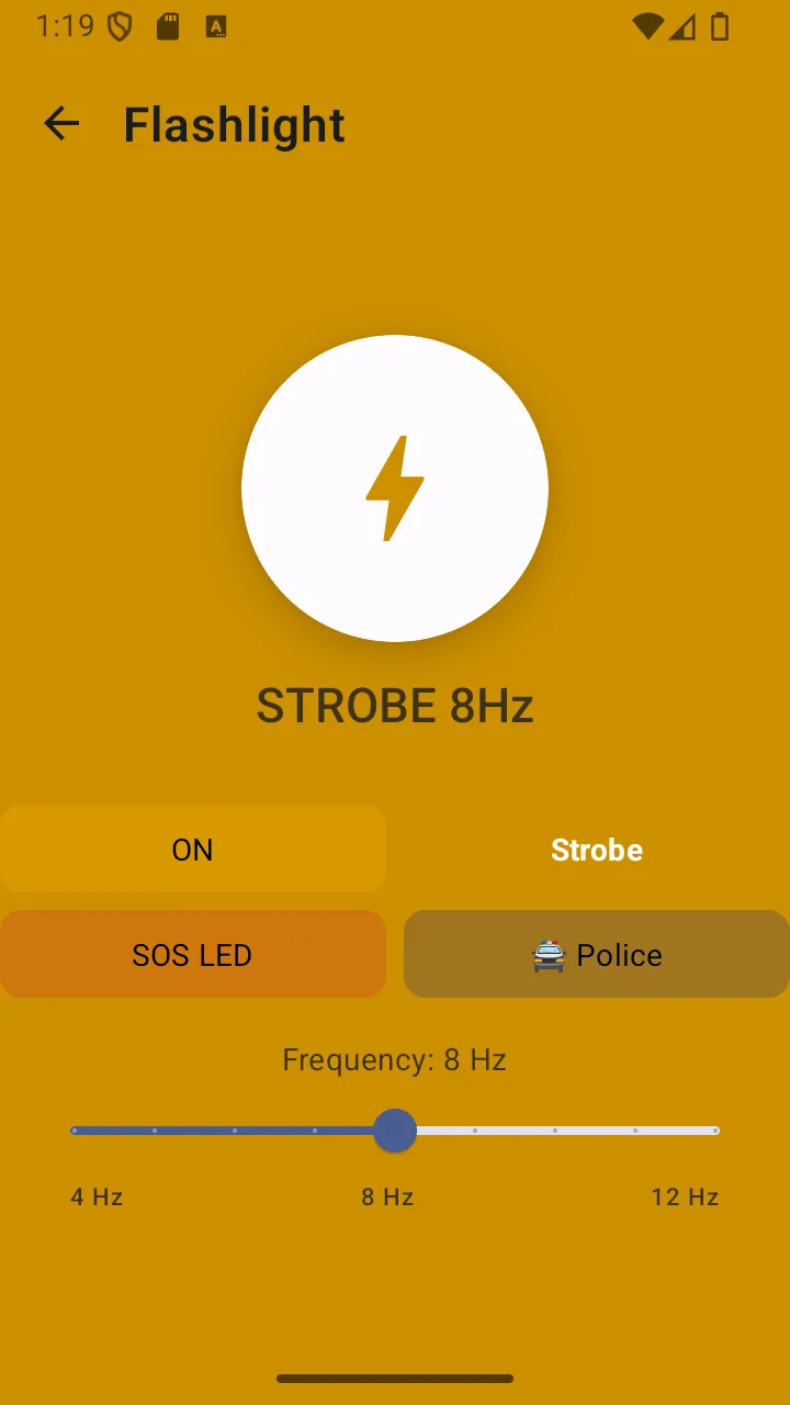 Flashlight screen showing torch toggle and mode selection
