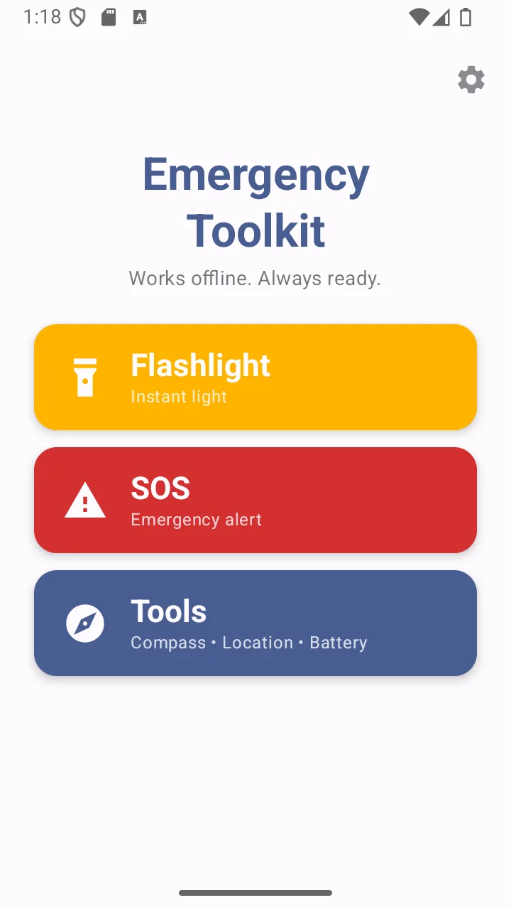 The app's home screen showing large Flashlight, SOS and Tools buttons