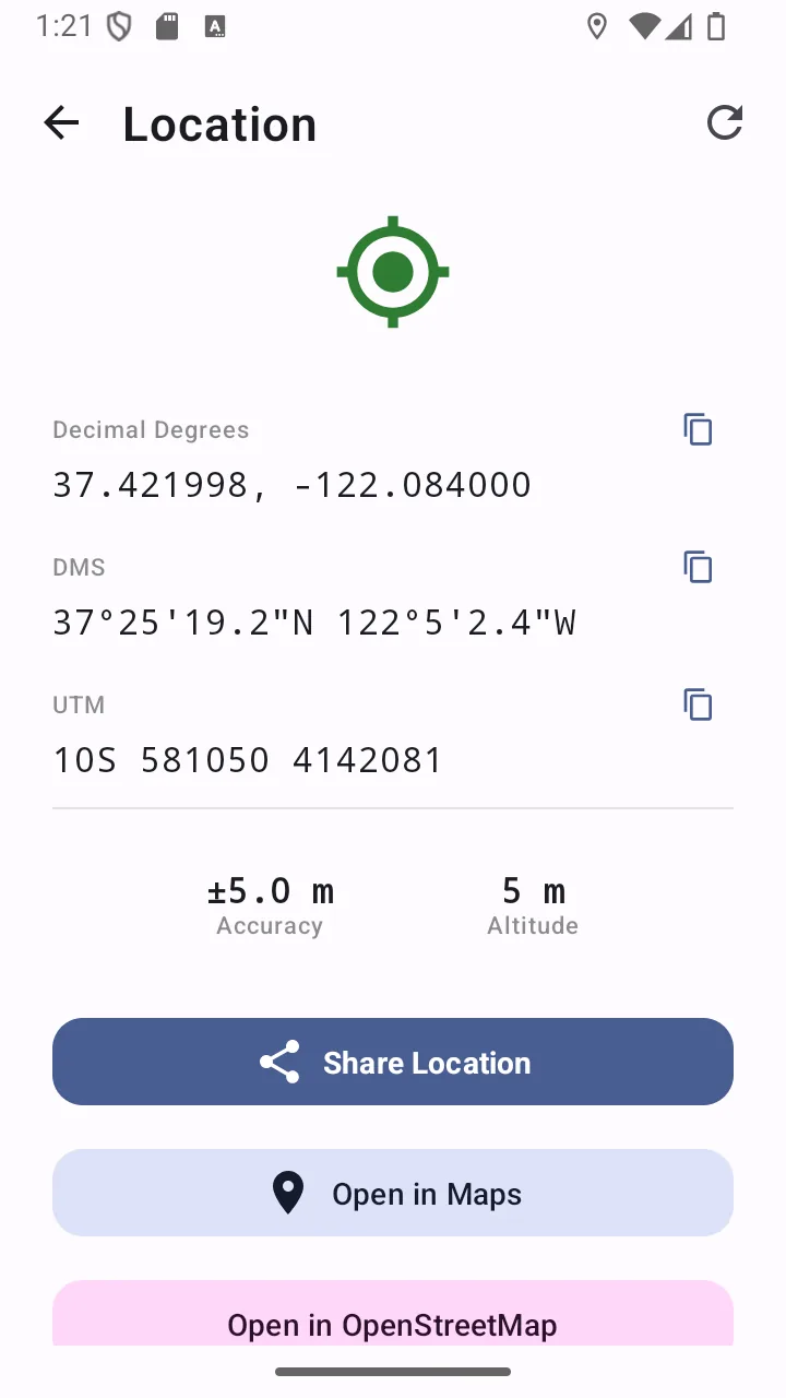 Location screen showing GPS coordinates, altitude and accuracy