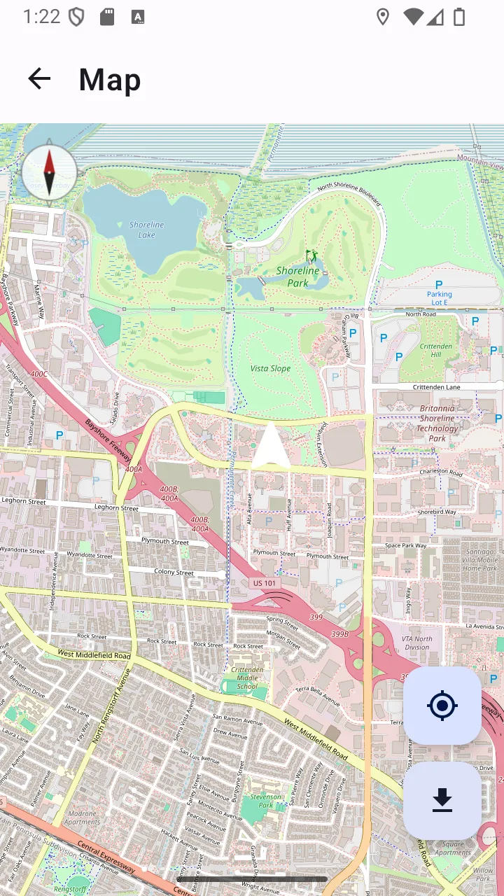 Offline map screen showing an OpenStreetMap view with zoom controls