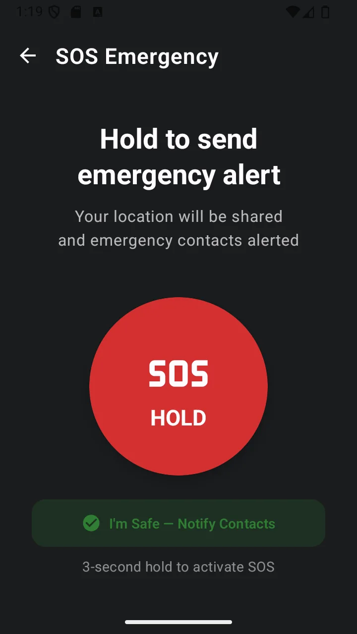 The SOS screen with a large hold-to-activate control ready to send an alert